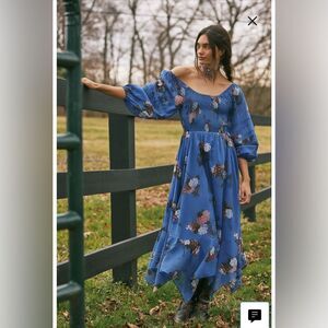 Free People Morning Glory Blue Floral 100% Cotton Maxi Dress Sz M